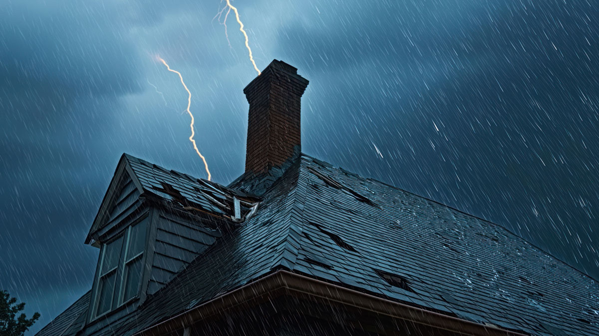 A damaged house roof under heavy rain, with two lightning bolts striking the cloudy night sky, highlights the risks of ignoring chimney leaks.