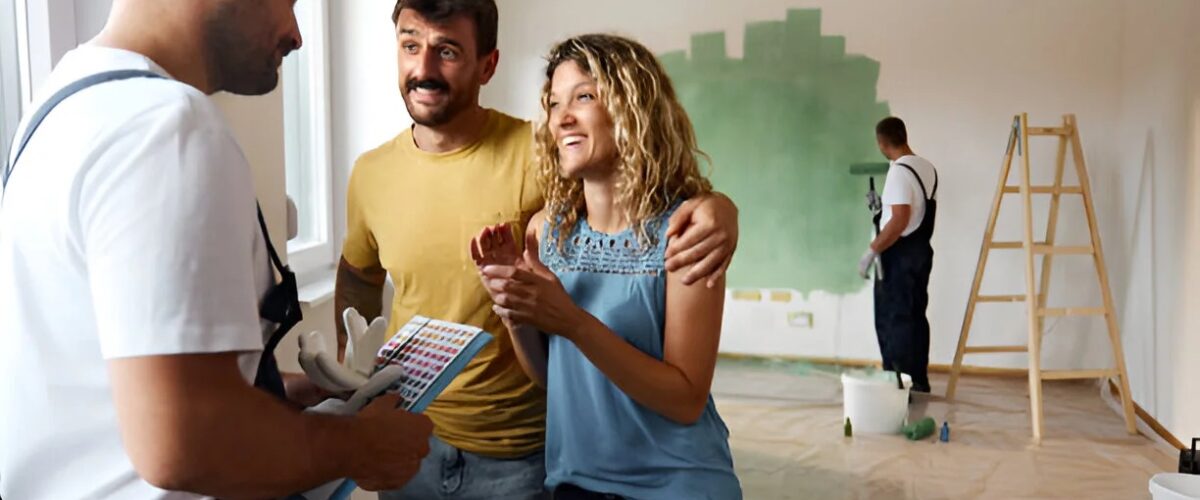 A couple discusses painting costs with a pro holding a color swatch in a room being painted green, while another painter works near a ladder in the background. A couple discusses painting costs with a pro holding a color swatch in a room being painted green, while another painter works near a ladder in the background