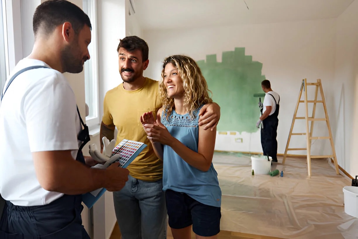 A couple discusses painting costs with a pro holding a color swatch in a room being painted green, while another painter works near a ladder in the background. A couple discusses painting costs with a pro holding a color swatch in a room being painted green, while another painter works near a ladder in the background.